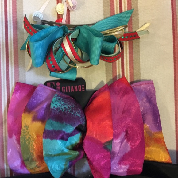 8 bow hair clips black rainbow green yellow white - Picture 3 of 6